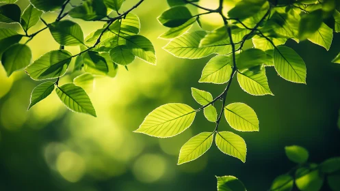 Sunlit green leaves on tree branch in soft focus nature style.