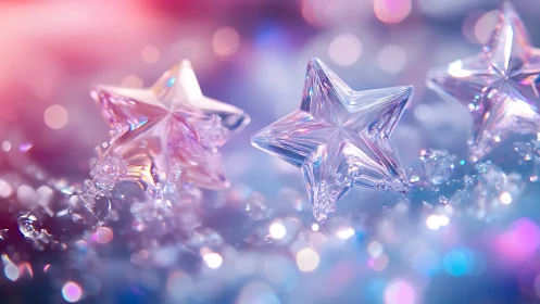 Crystal star ornaments in iridescent pastel bokeh glow.