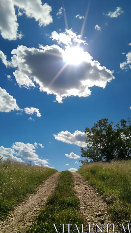Rural dirt path under radiant midday sunburst sky.