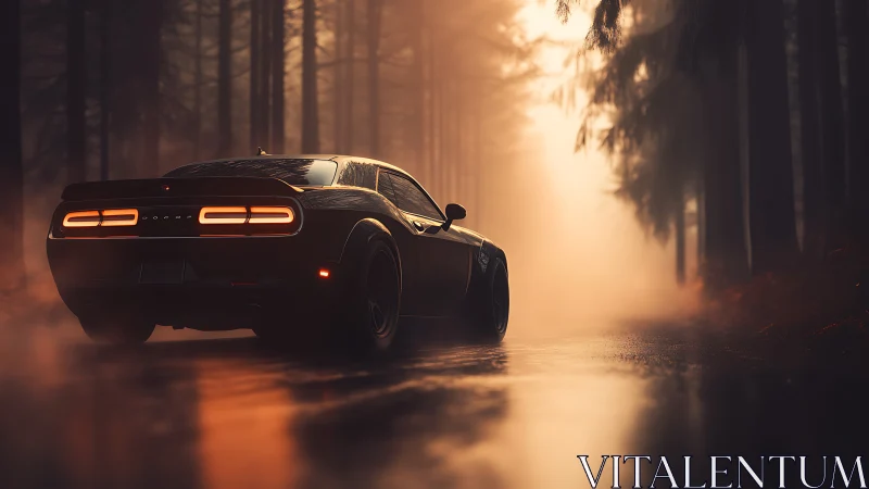 Midnight muscle car cruising through misty forest light.