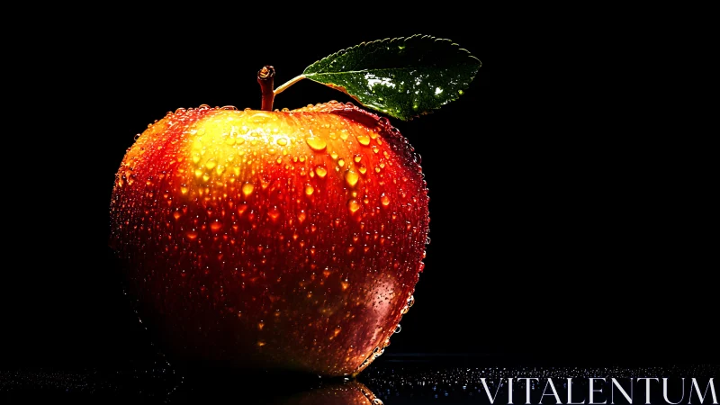 Juicy red apple glows warmly with fresh shining droplets