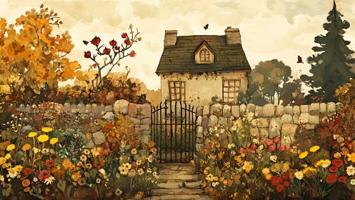 Stone cottage with autumn garden and iron gate in foreground.