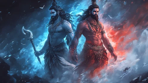 Twin warrior deities stride through swirling fire and ice realms