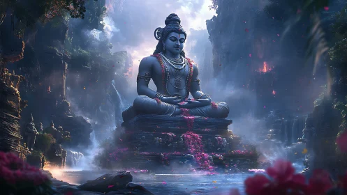 Majestic stone deity meditates amid misty waterfall gorge.