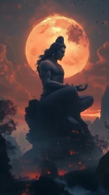 Moonlit mountain sage hushes volcano fires into stillness