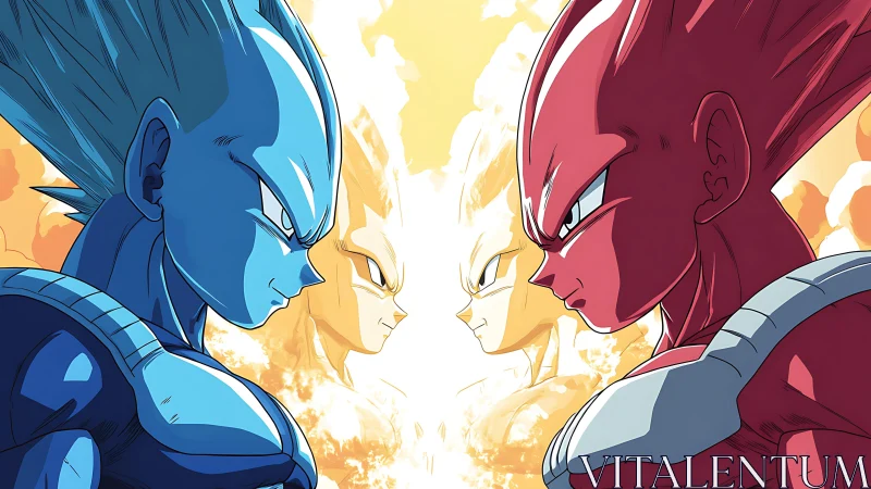 Blue and red armored warriors confront face to face