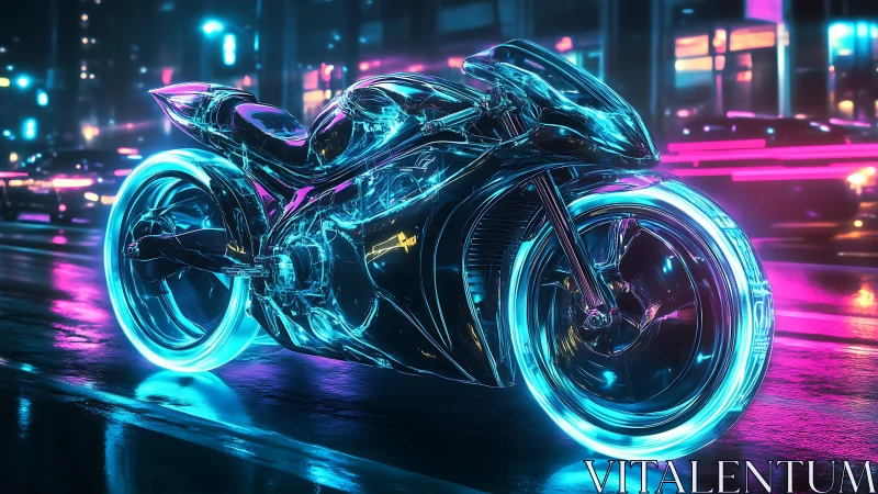 Neon glass superbike hums through rain glazed cyber streets
