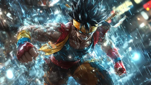 Storm-charged anime warrior charges forward with fierce resolve