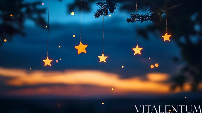 Star-shaped lantern garlands over twilight bokeh horizon.