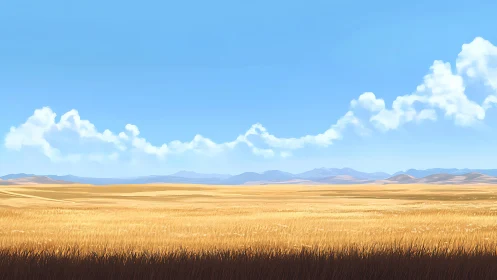 Golden prairie horizon beneath drifting summer clouds.