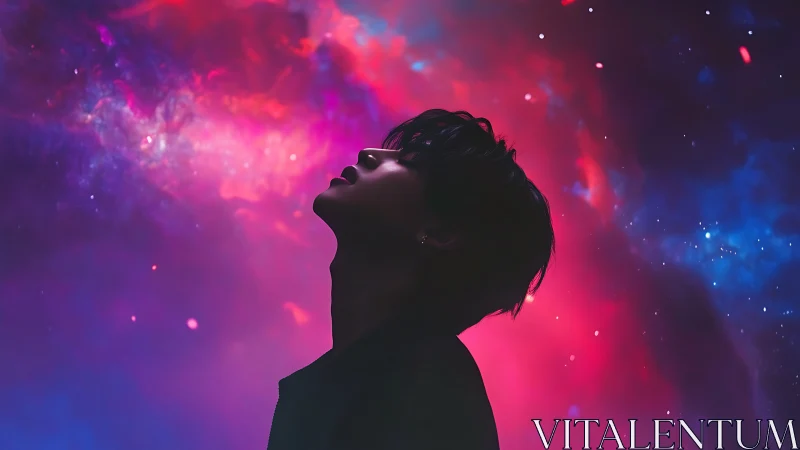 Silhouetted profile against magenta and cyan cosmic nebula field.