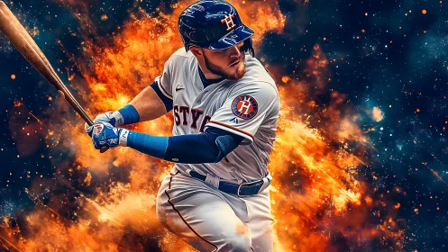 Baseball batter in explosive cosmic backdrop, high-impact rendering