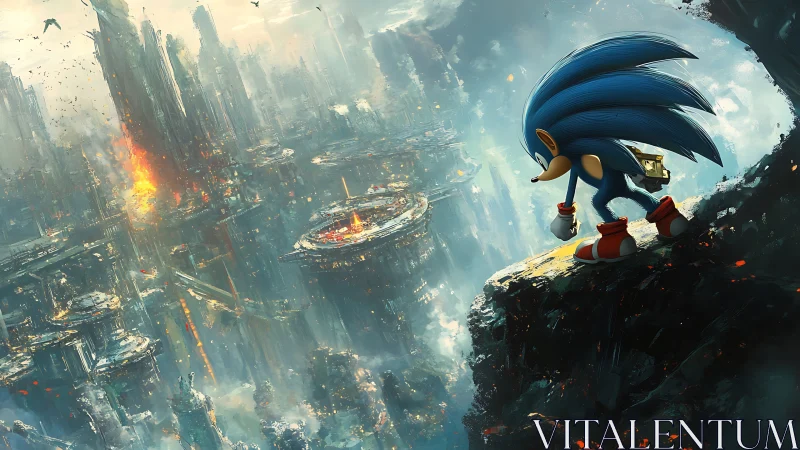 Blue speedster surveys a burning sci‑fi sky city. Period.