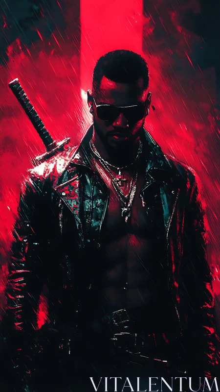 Sword-wearing figure in leather jacket under red backlight.