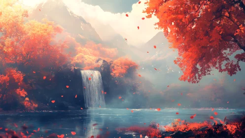 Crimson forest waterfall under misty mountain light.