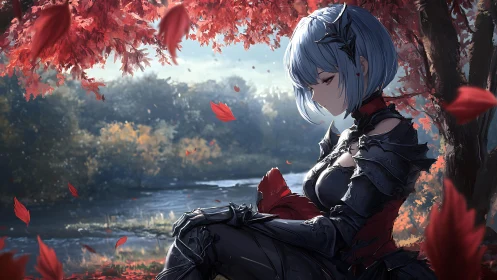 Quiet autumn knight resting beneath crimson leaves.