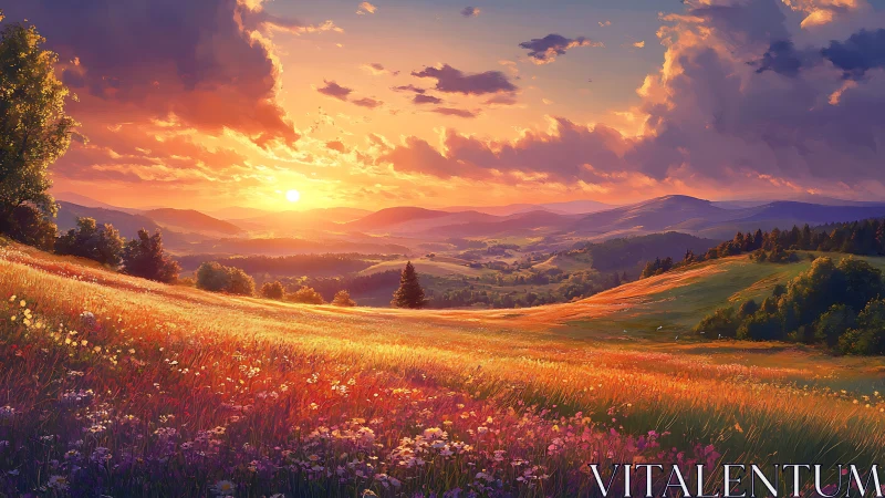 Sunset over rolling hills and wildflower meadow landscape.