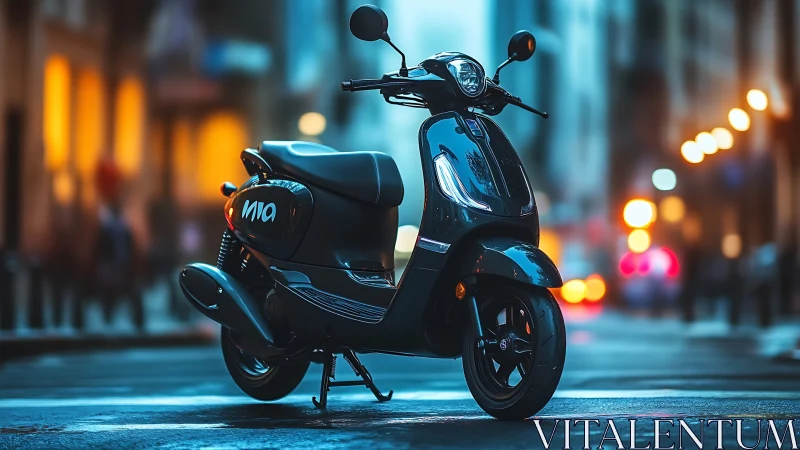 Electric city scooter glows against blurred urban dusk.