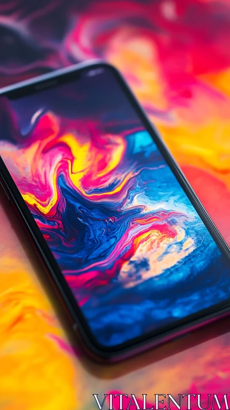 Smartphone displays vibrant liquid abstract with swirling magenta and blue gradients.