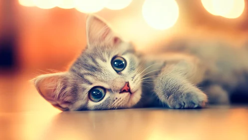 White Tabby Kitten with Enhanced Cyan Eyes and Bokeh Rendering