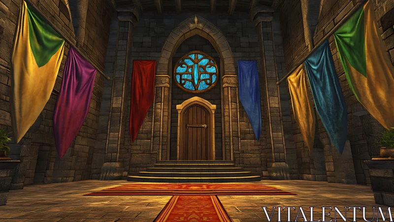 Stone hall interior shows central wooden door and banners