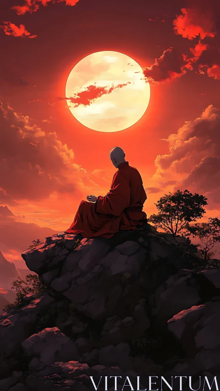 Sunset monk rests in quiet meditation atop glowing cliffs