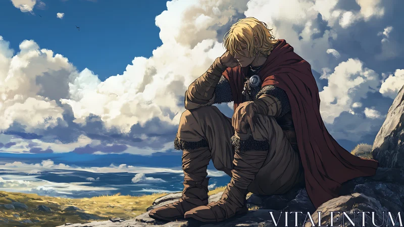 Thoughtful young wanderer resting beneath a vast, gentle sky.