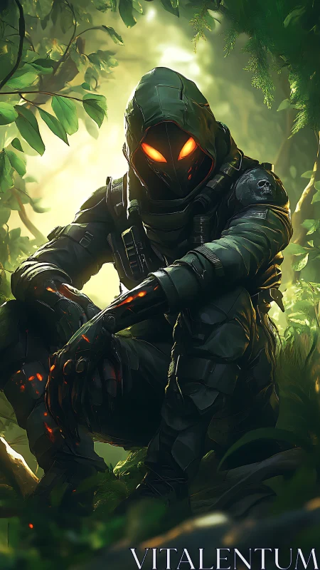 Silent cyber hunter rests in a glowing jungle lookout