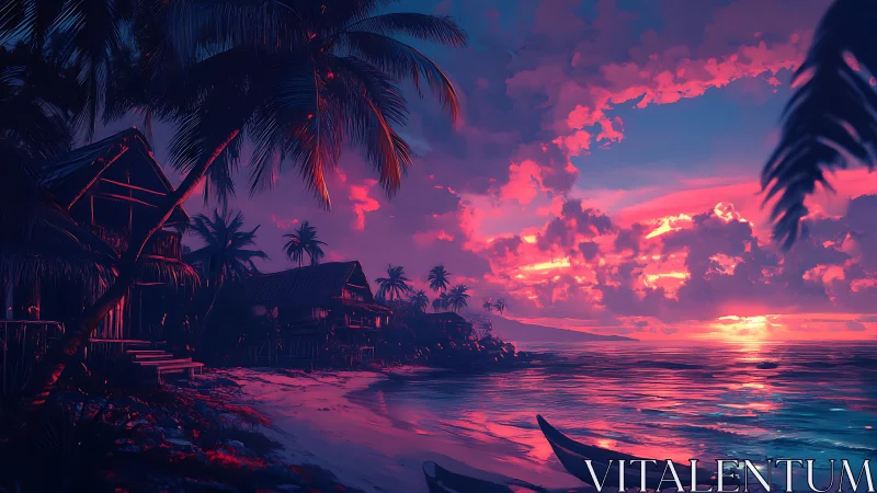 Neon dusk over tropical huts and glowing shoreline village.