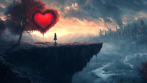Figure Stands on Cliff Overlooking Cityscape with Glowing Heart Tree