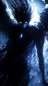 Midnight fallen angel ignites in stormlit cobalt radiance.