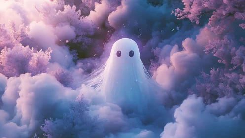 Dreamlike ghost drifts through pastel cloud forest twilight.