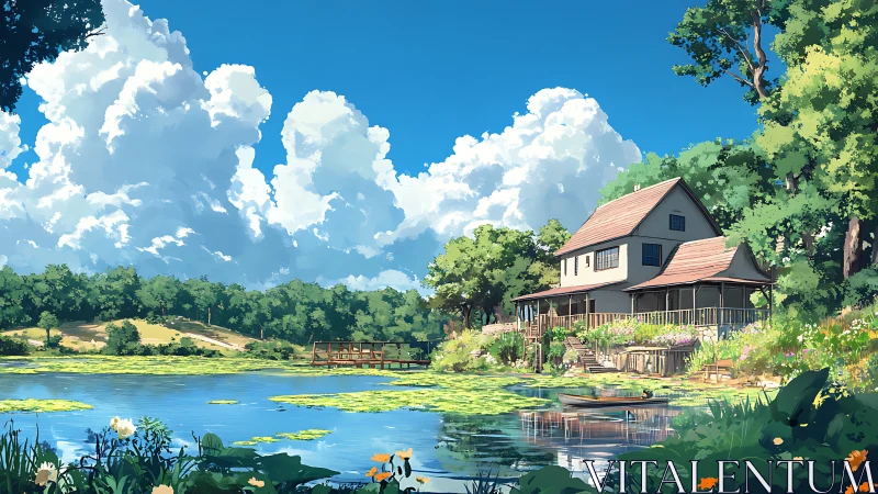 Lakeside country house under towering summer clouds