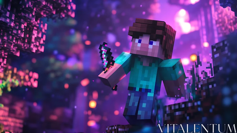 Voxel game explorer with sword in neon bioluminescent forest