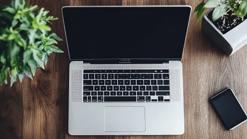 Sleek laptop rests on wooden desk with plants and phone.