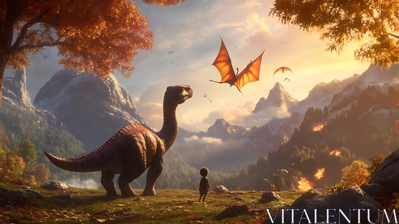 Child with dinosaur observing dragons over valley at dusk.