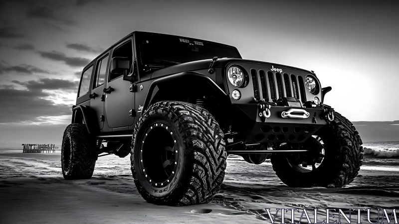 Lifted off road Jeep dominates monochrome ocean shoreline