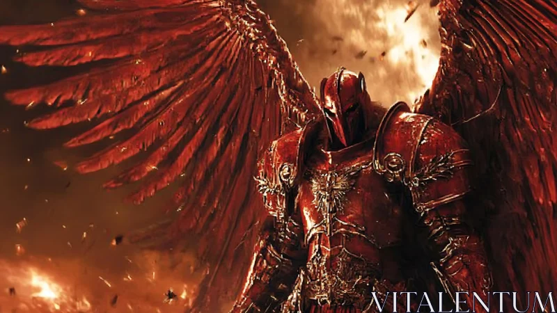 Armored crimson seraph emerges from infernal firestorm
