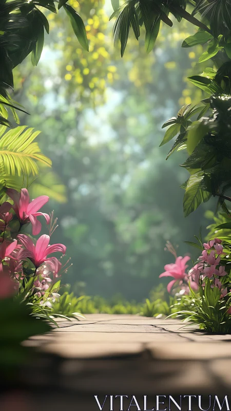 Sunlit stone path framed by lush tropical blooms.