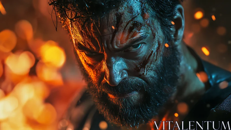 Battle-scarred warrior bathed in glowing ember light.