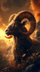 Ram with curved horns stands in glowing mountain sunset