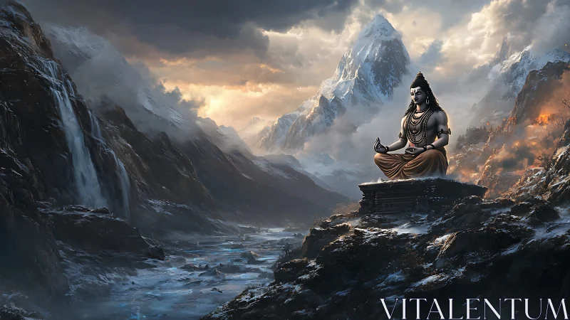 Divine mountain meditation amid storm-lit Himalayan peaks.