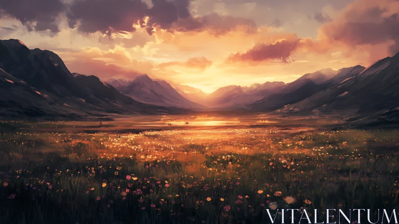 Radiant alpine valley at sunset with luminous floral field.