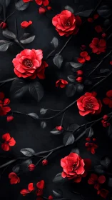 Red blooms emerge from darkness, luminous against charcoal foliage