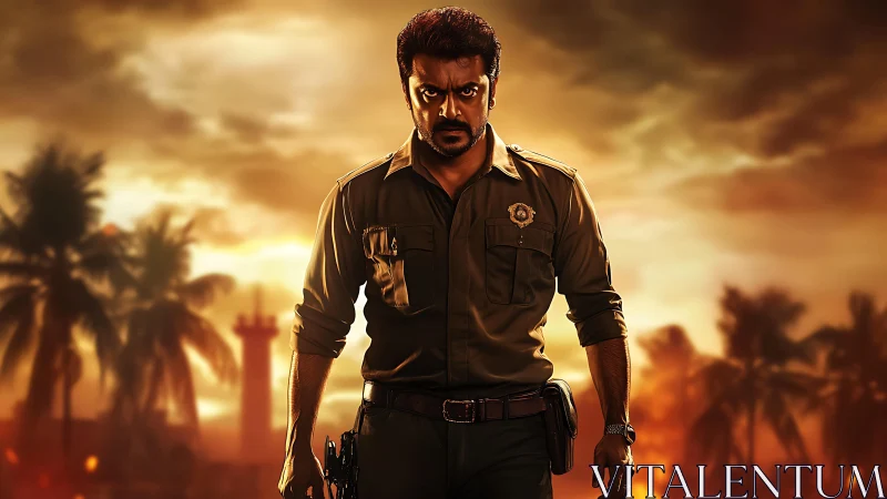 Tough coastal officer strides forward under a burning sky