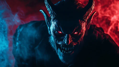 Bipedal horned demon portrait with red eyes in split lighting