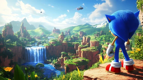 Blue speedster scouting a lush canyon of waterfalls and skyships.