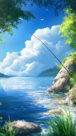 Fishing rod rests beside clear lake under dense cumulus clouds