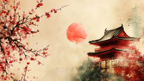 Watercolor-rendered pagoda and sakura branches under diffuse sun