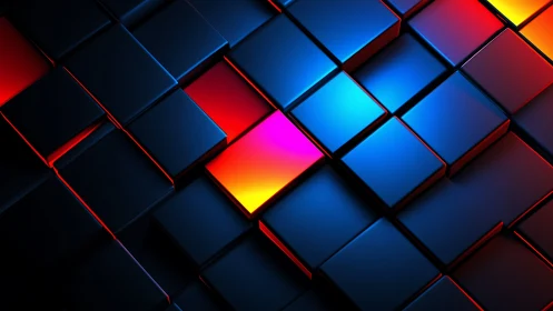 Luminous gradient cubes form bold geometric neon grid.